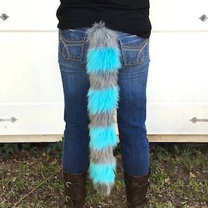 Cheshire Cat Tail Faux Fur Kitty Tail with Gray and Blue Stripes image 1