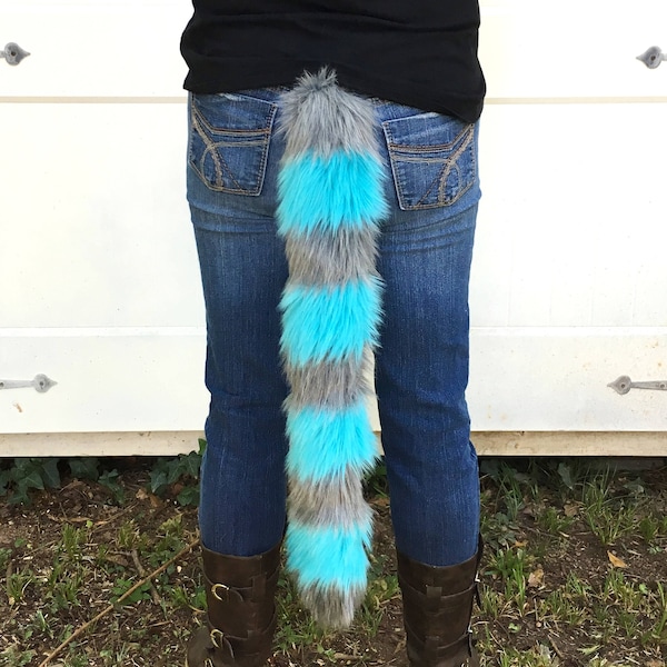 Cheshire Cat Tail Faux Fur Kitty Tail with Gray and Blue Stripes