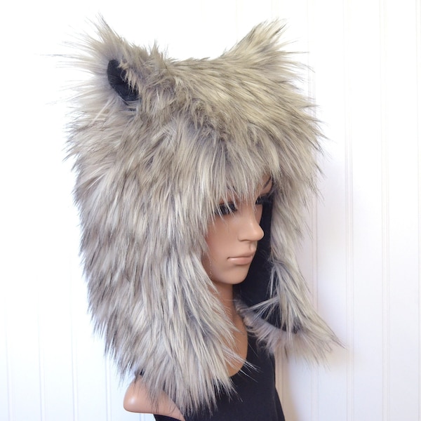 Gray Wolf Hat Multi Faux Fur Animal Hat Adult