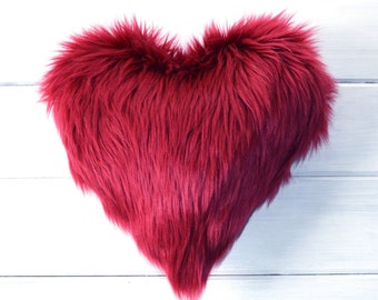 Dark Red Heart Pillow Faux Fur 12" x 10"