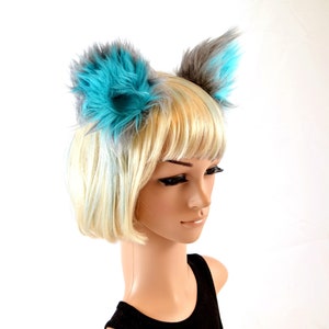 Kitty Cat Clip On Ears in Blue and Gray Faux Fur Cheshire cat