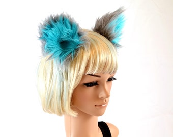 Kitty Cat Clip On Ears in Blue and Gray Faux Fur Cheshire cat