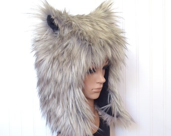 Gray Wolf Hat Multi Faux Fur Animal Hat Adult