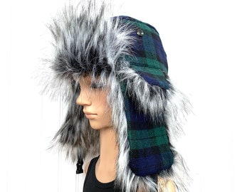 Green Plaid Trapper Hat with Faux Fur