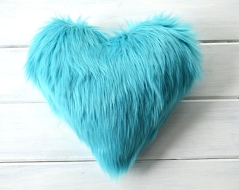 Blue Heart Pillow Faux Fur 12" x 10"