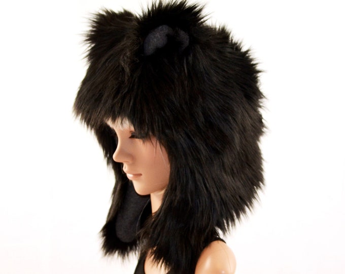 Black Bear Fur Earflap Snapback Hat