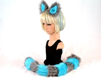 Cheshire Cat Ear Tail Clip On Set in Blue Fleece and Gray Faux Fur