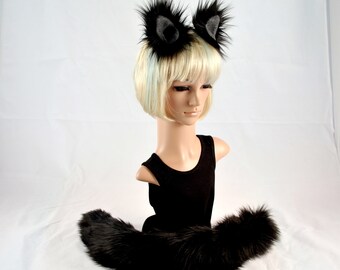 Black Cat Ear and Tail Clip On Combo in Faux Fur Kitty