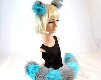 Cheshire Cat Inspired Ear Tail Clip On Combo in Faux Fur Blue and Gray