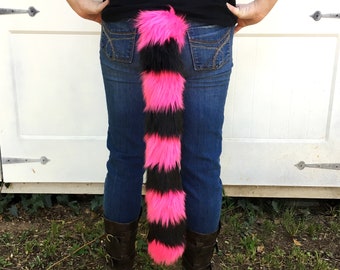 Pink Cat Tail Faux Fur Kitty Tail with Black Stripes