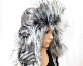 Gray Plaid Trapper Hat Wool Blend with Gray Multi Tonal Faux Fur