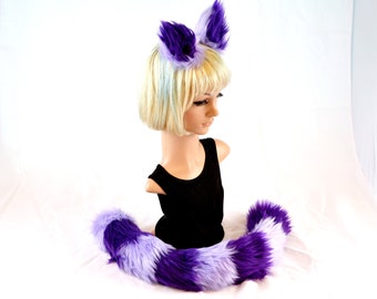 Purple Cat Ear Tail Clip On Combo in Light and Dark Purple Faux Fur