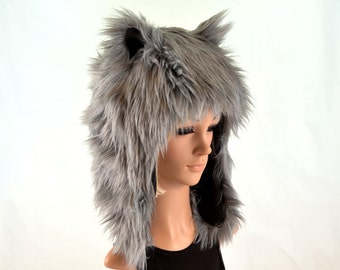 Chapeau de loup gris chapeau d’animal en fausse fourrure pour femmes et hommes