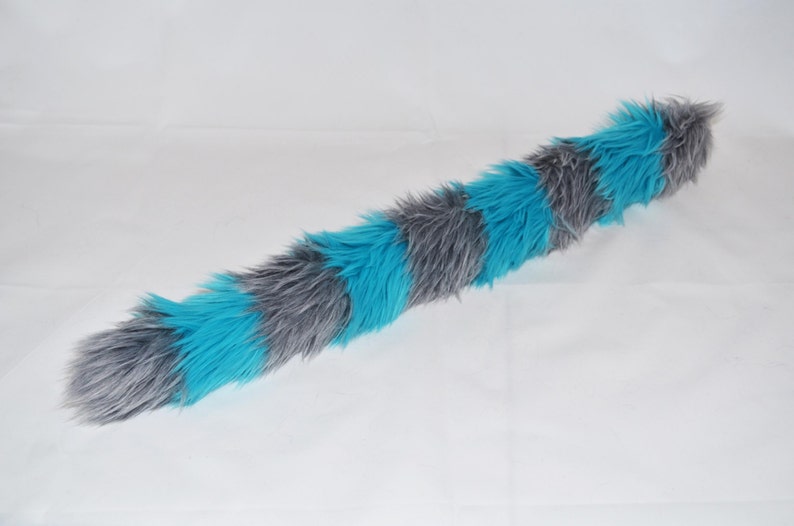 Cheshire Cat Tail Faux Fur Kitty Tail with Gray and Blue Stripes image 5