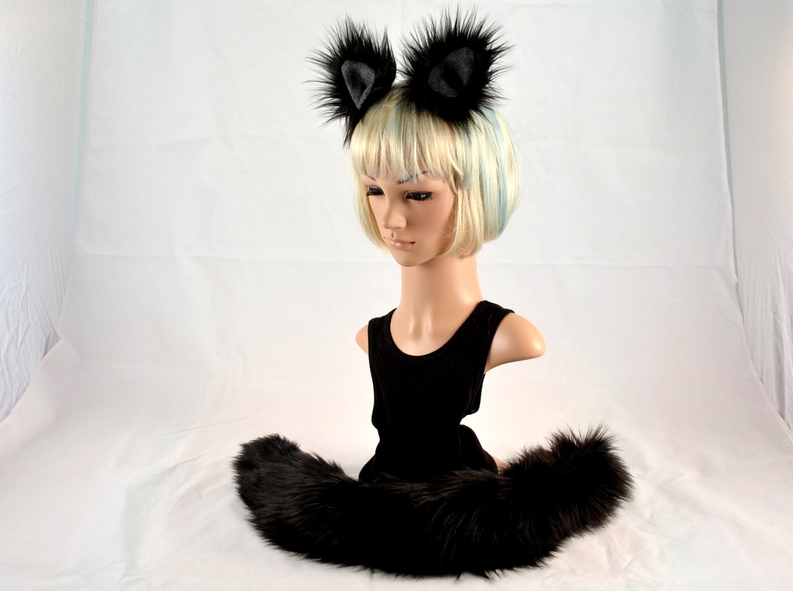 Black Cat Ear and Tail Clip On Combo in Faux Fur Kitty Etsy