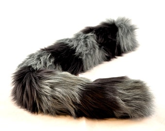 Gray Cat Tail with Black Stripes Faux Fur Kitty Tail