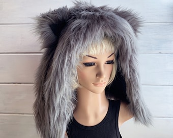 Dark Gray Cat Hood Faux Fur Animal Kitty Hat