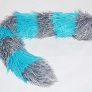 Cheshire Cat Tail Faux Fur Kitty Tail with Gray and Blue Stripes image 3