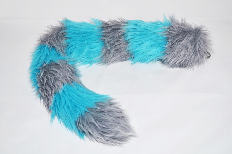 Cheshire Cat Tail Faux Fur Kitty Tail with Gray and Blue Stripes image 3