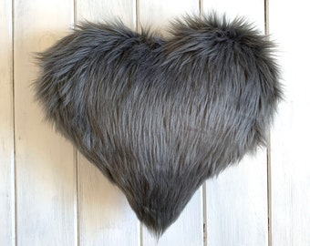 Dark Gray Heart Pillow Purple Faux Fur