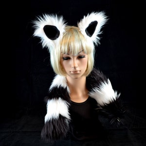 Lemur Ear Tail Clip On Combo in Faux Fur Black and White Kitty