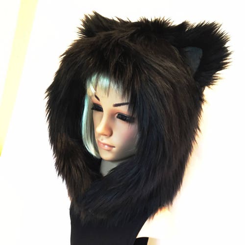 Black Cat Hood Faux Fur Animal Kitty Hat Etsy