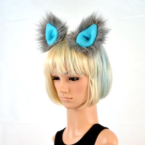 Cat Clip On Ears in Blue Fleece and Gray Faux Fur image 1