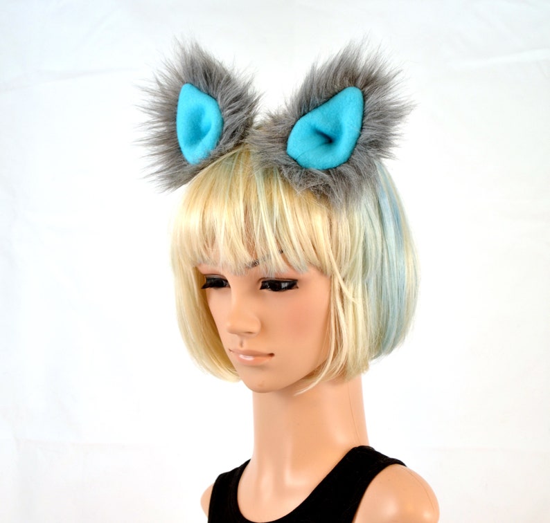 Cat Clip On Ears in Blue Fleece and Gray Faux Fur image 1