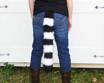 Lemur Tail Black and White Faux Fur Cat Tail 28"