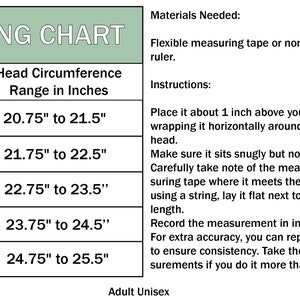 May include: A hat sizing chart with instructions on how to measure your head circumference using a measuring tape or string. The chart lists sizes from X-Small to X-Large with corresponding head circumference ranges in inches.