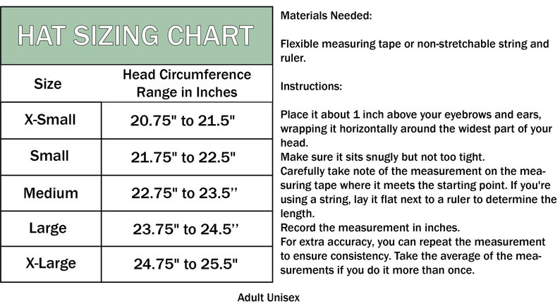 May include: A hat sizing chart with instructions on how to measure your head circumference using a measuring tape or string. The chart lists sizes from X-Small to X-Large with corresponding head circumference ranges in inches.