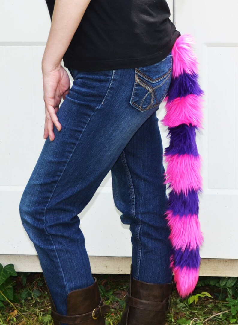 Cat Tail Faux Fur Kitty Tail Pink and Purple Stripes image 2