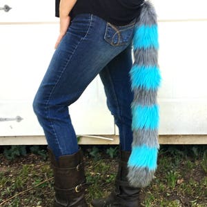 Cheshire Cat Tail Faux Fur Kitty Tail with Gray and Blue Stripes image 2