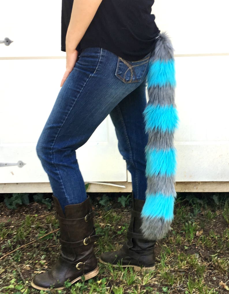 Cheshire Cat Tail Faux Fur Kitty Tail with Gray and Blue Stripes image 2