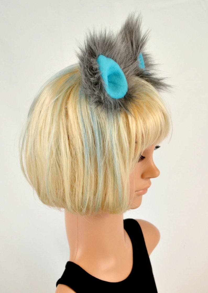 Cat Clip On Ears in Blue Fleece and Gray Faux Fur image 2
