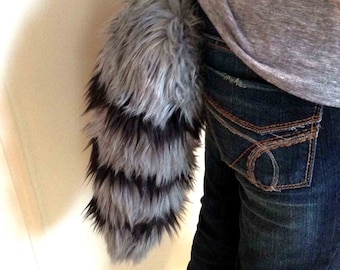 Raccoon Tail Black and Grey Faux Fur with Clasp