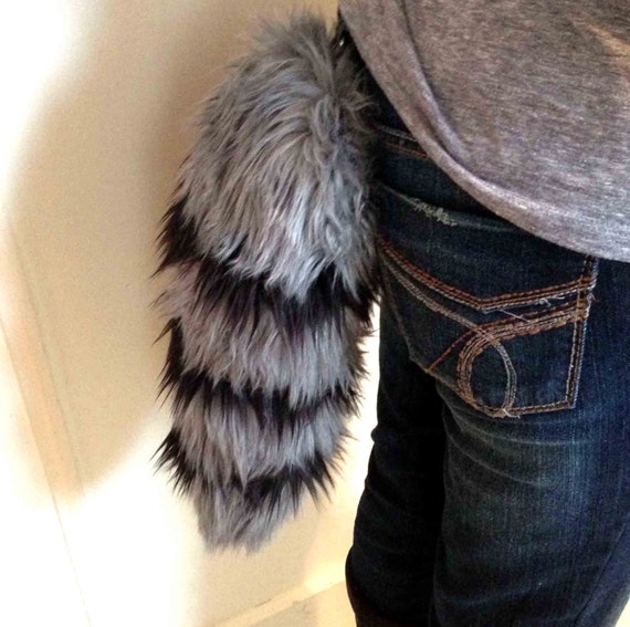 Raccoon Tail Black and Grey Faux Fur 
