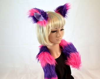 Kitty Cat Ear Tail Clip On Combo in Faux Fur Pink and Purple