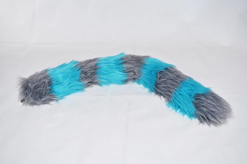 Cheshire Cat Tail Faux Fur Kitty Tail with Gray and Blue Stripes image 4