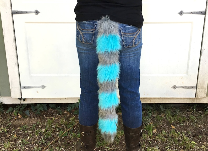 Cheshire Cat Tail Faux Fur Kitty Tail with Gray and Blue Stripes image 1