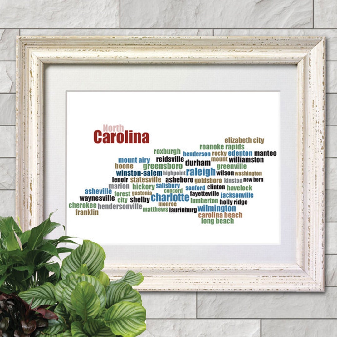 Map of North Carolina Cities &amp; Towns, Typography Art Print. 8x10 on A4 ...