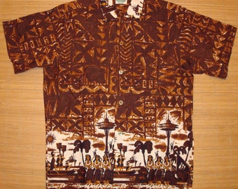 Mens Vintage 60s Hula Girls Aloha Tower Space Needle Hawaiian Aloha Shirt - M - The Hana Shirt Co