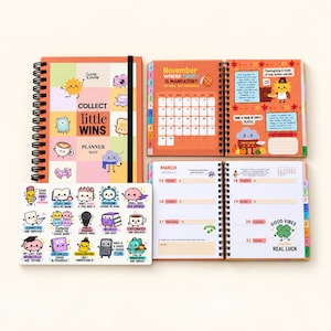 May include: A 2027 spiral-bound planner with a colorful grid cover featuring cartoon characters, text reading COLLECT little WINS, an open November calendar page, an open March weekly spread, and a sticker sheet with various illustrated icons.
