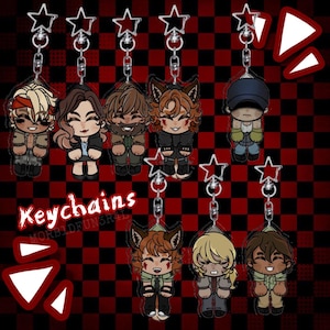 May include: A collection of eight acrylic keychains featuring illustrated chibi-style characters with star-shaped clasps. The characters display various hair colors, outfits, and expressions. The text Keychains and MORB1DFUN3R4L is visible.