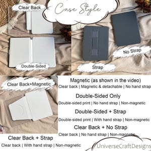 Puede incluir: Una colecci&oacute;n de fundas para tabletas con varias configuraciones, incluyendo respaldos transparentes, impresiones a doble cara, accesorios magn&eacute;ticos y correas. Las etiquetas incluyen Case Style, Clear Back, Double-Sided, Strap, No Strap y UniverseCraftDesigns.