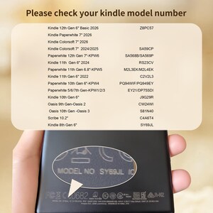 May include: A reference chart titled Please check your kindle model number listing various Kindle models and their corresponding model numbers, with a magnified circular inset showing the text MODEL NO SY69JL on a black device.