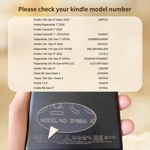 Puede incluir: Una tabla de referencia titulada Please check your kindle model number que enumera varios modelos de Kindle y sus n&uacute;meros de modelo, con un recuadro circular ampliado que muestra el texto MODEL NO SY69JL en un dispositivo negro.