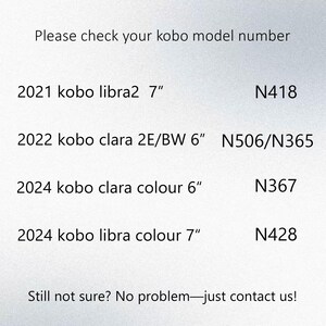 May include: A white informational chart titled Please check your kobo model number. It lists: 2021 kobo libra2 7" N418, 2022 kobo clara 2E/BW 6" N506/N365, 2024 kobo clara colour 6" N367, 2024 kobo libra colour 7" N428. Ends with Still not sure? No problem&mdash;just contact us!