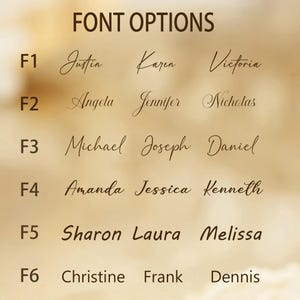 May include: A font options chart displaying six rows labelled F1 through F6. Each row features three distinct name examples in different typographic styles, ranging from cursive scripts to clean, sans-serif and serif lettering.