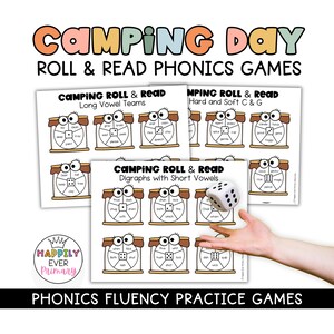 May include: A set of educational phonics games with a camping theme. The image shows printed game sheets with illustrations of wheels and words, and a die. Text on the sheets reads "Camping Roll & Read" and "Phonics Fluency Practice Games."